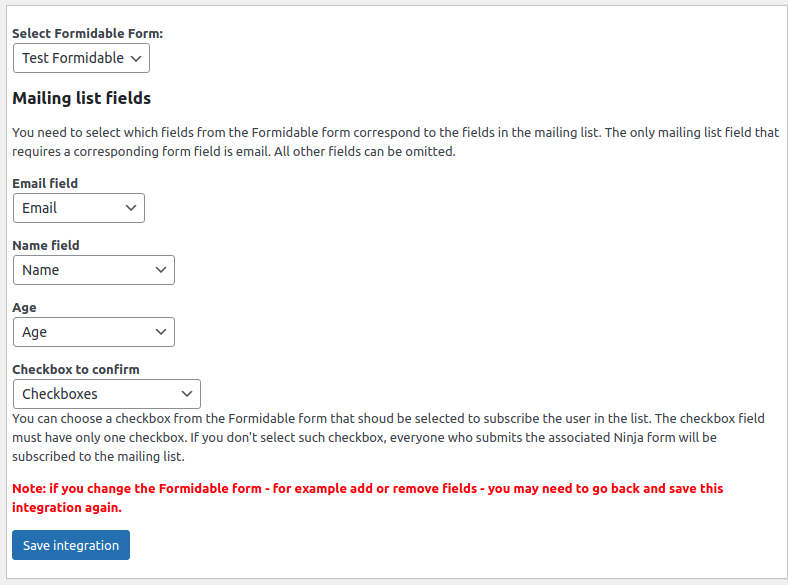 Integration page for Formidable forms